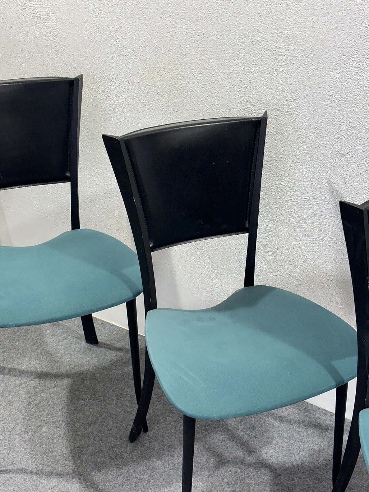 4 Chairs in black metal, black leather and aqua green fabric 8