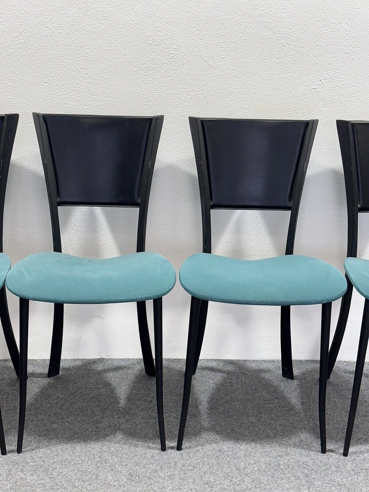 4 Chairs in black metal, black leather and aqua green fabric 9