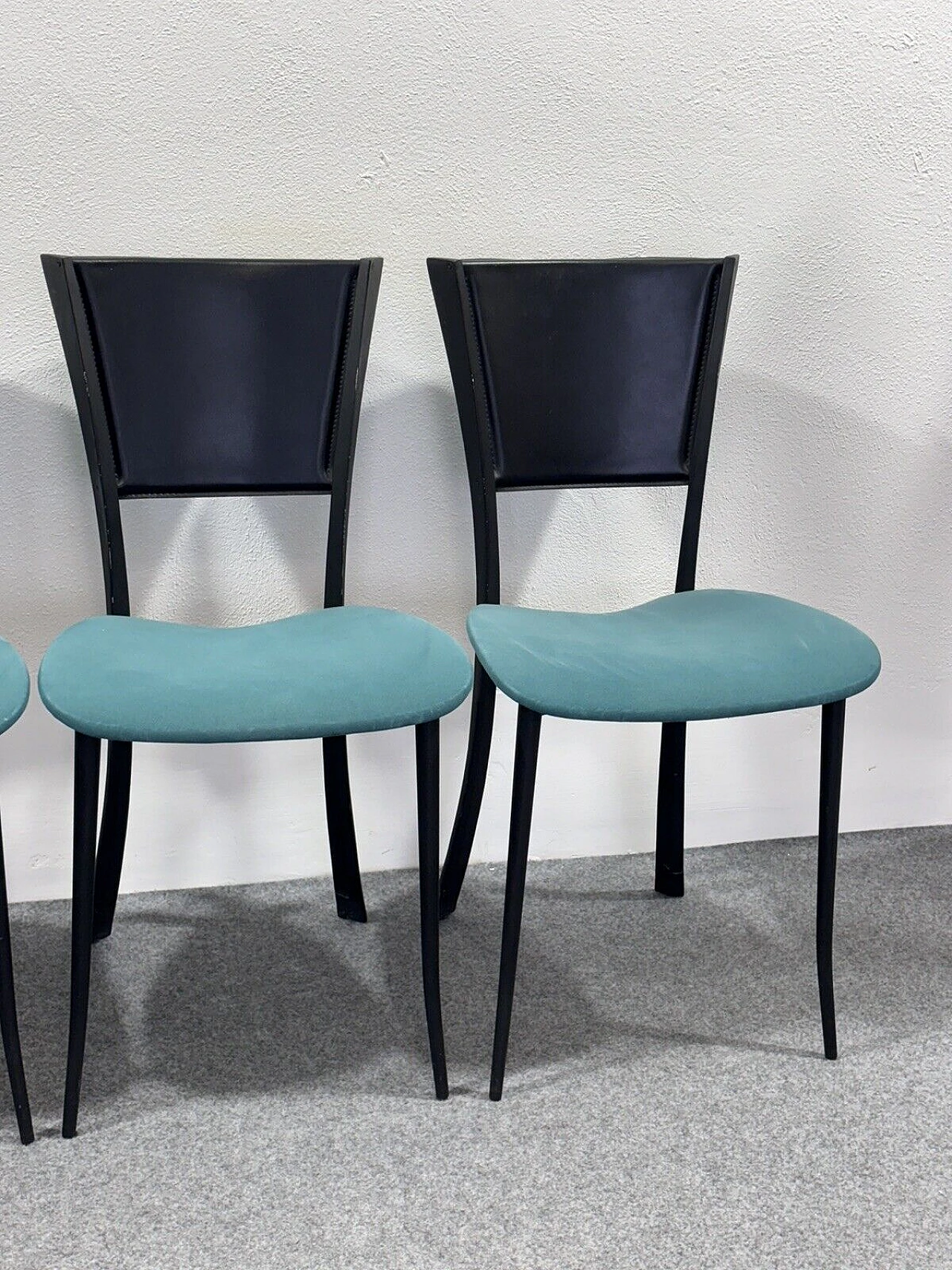 4 Chairs in black metal, black leather and aqua green fabric 10