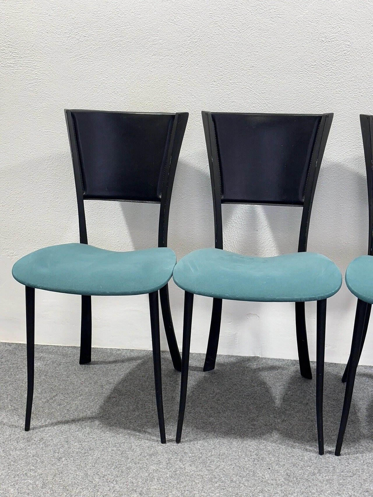 4 Chairs in black metal, black leather and aqua green fabric 11