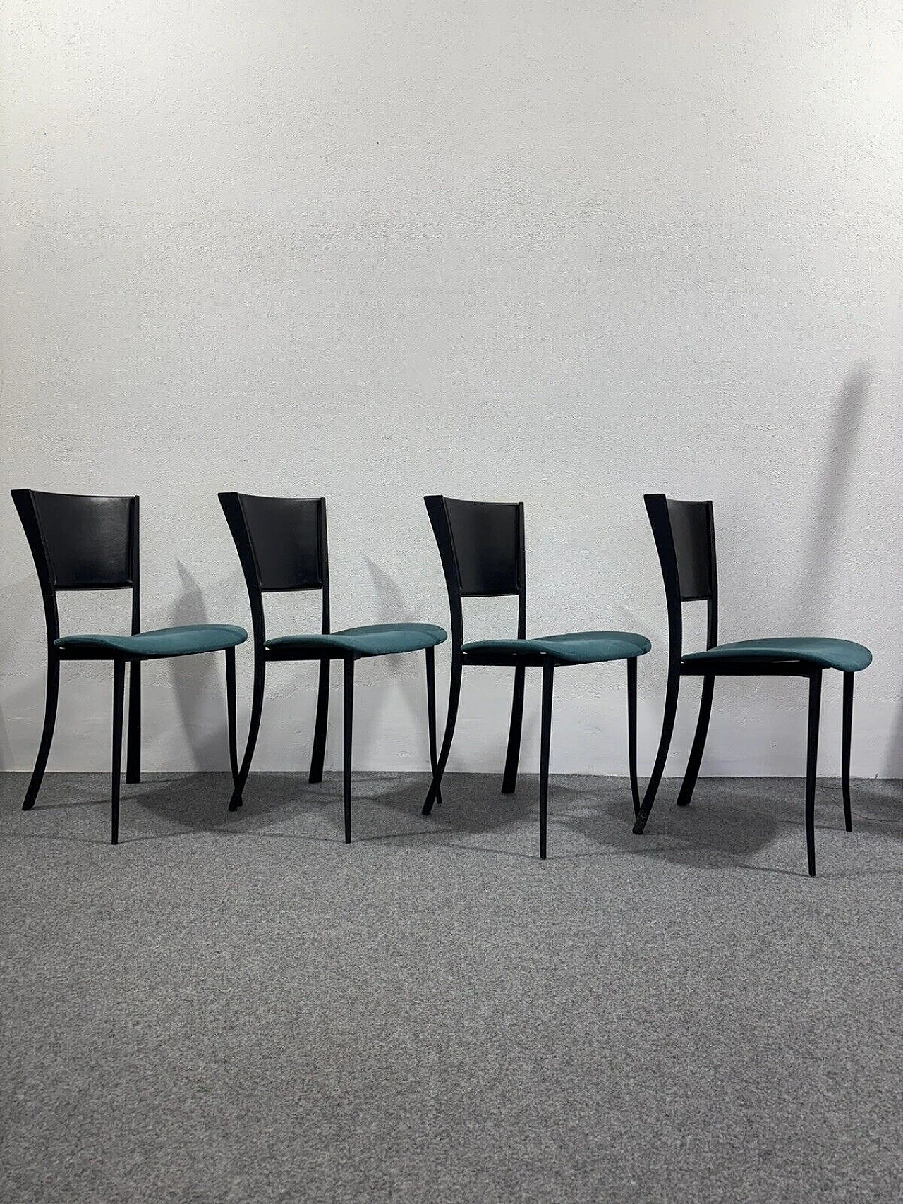 4 Chairs in black metal, black leather and aqua green fabric 12