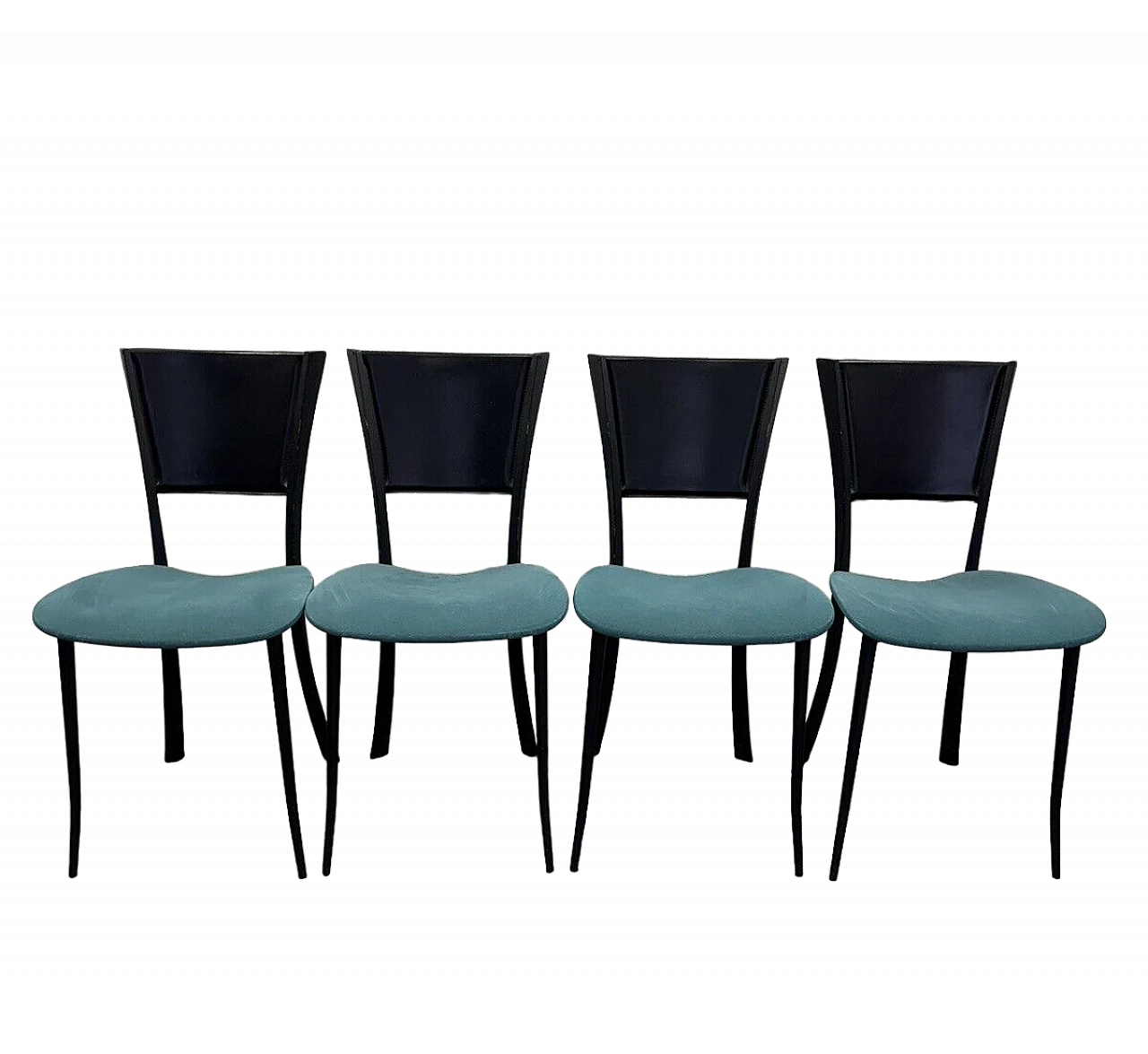 4 Chairs in black metal, black leather and aqua green fabric 13