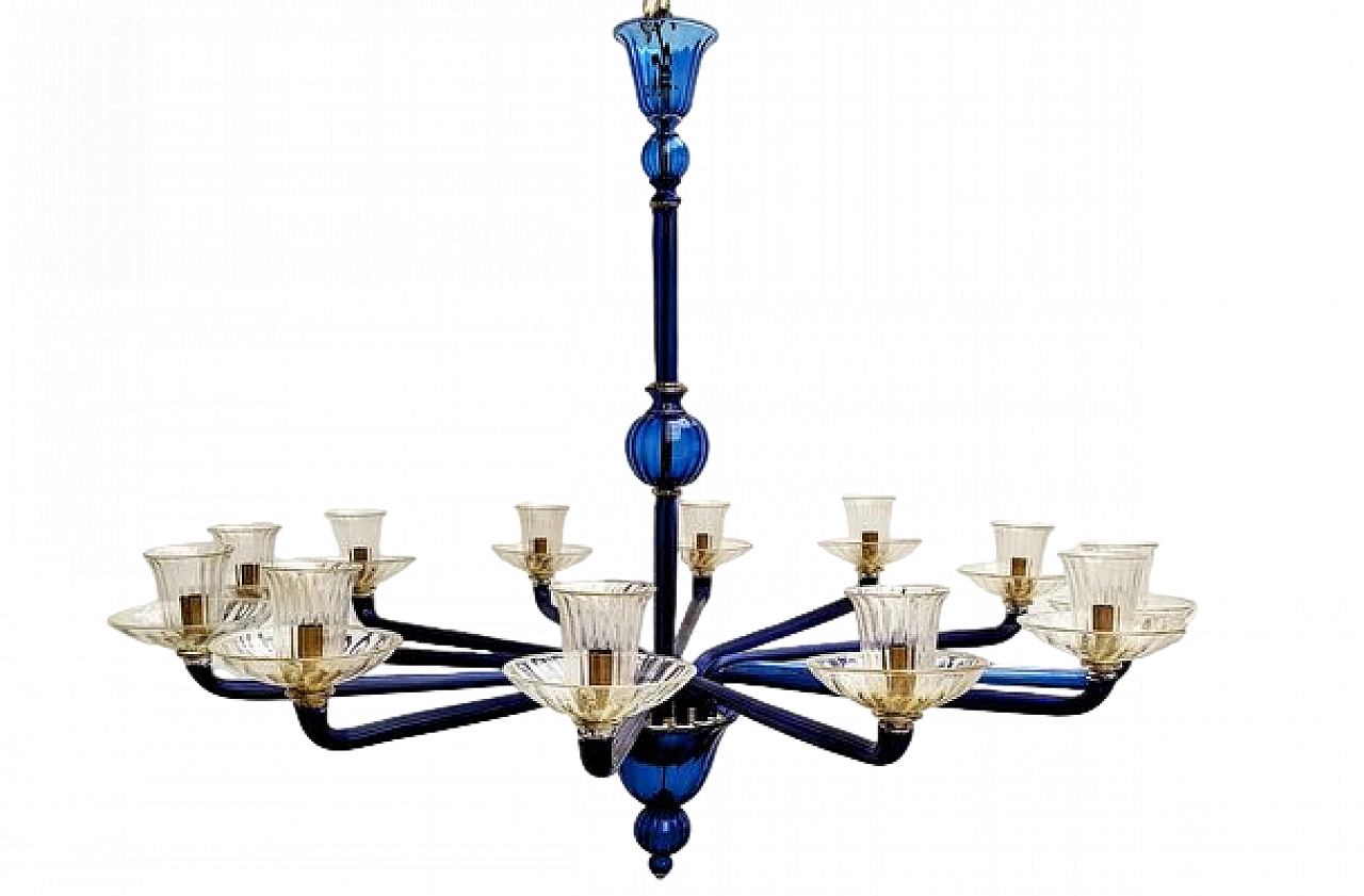 Chandelier with 12 lights in blue murano glass from Venini, 1985 11
