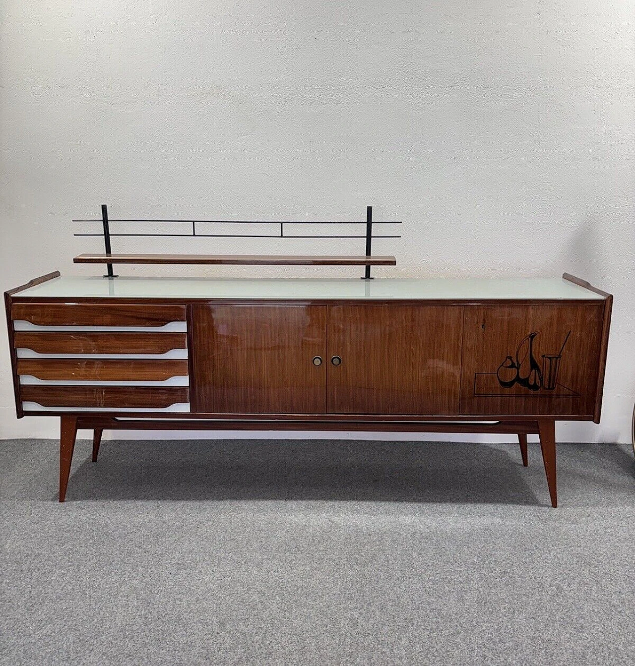 Wood sideboard with glass top and iron shelf, 1950s 1