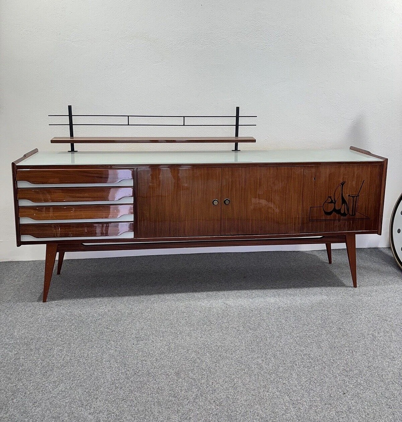 Wood sideboard with glass top and iron shelf, 1950s 2