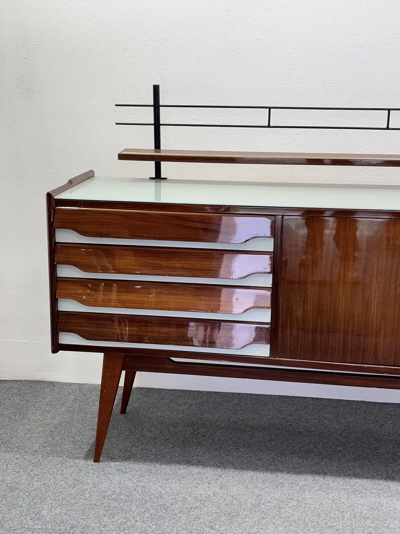 Wood sideboard with glass top and iron shelf, 1950s 3