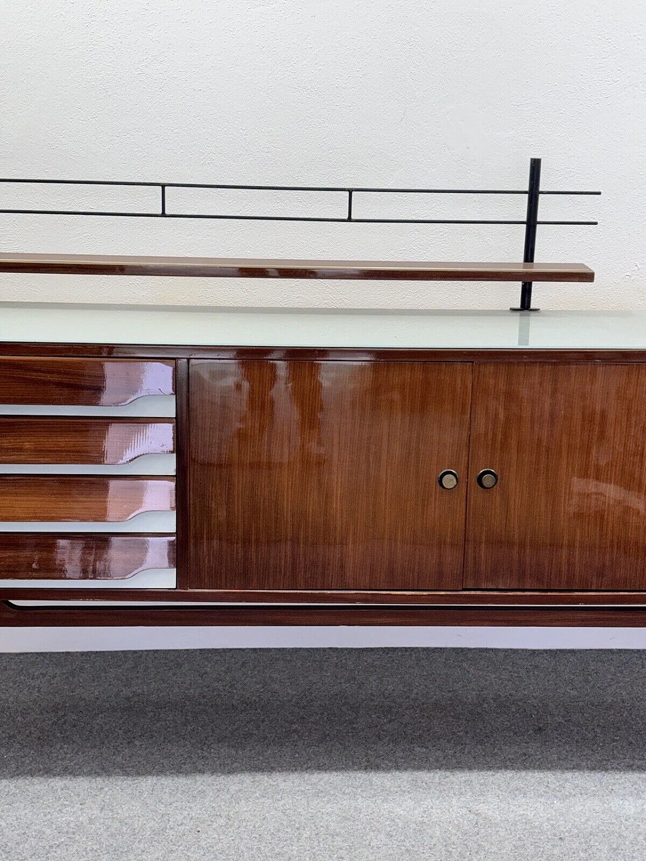 Wood sideboard with glass top and iron shelf, 1950s 4