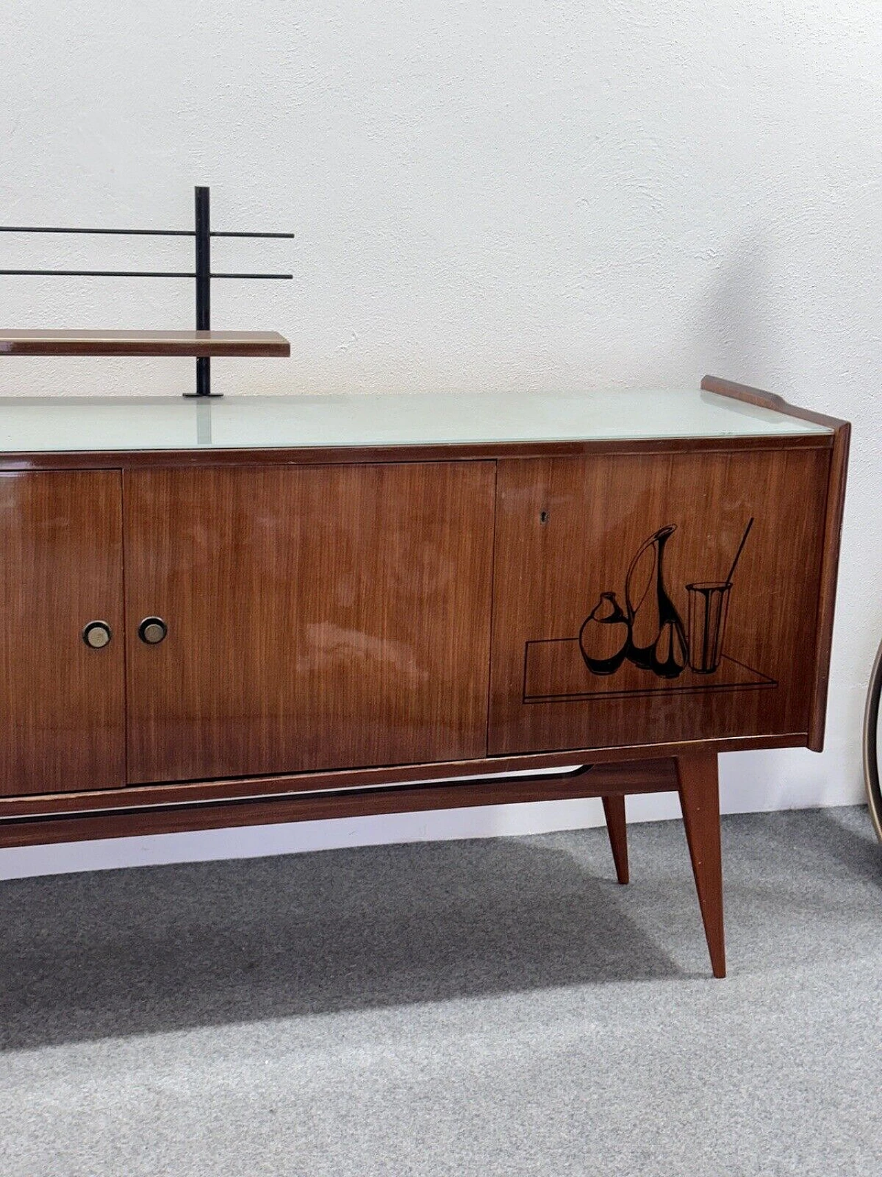 Wood sideboard with glass top and iron shelf, 1950s 5