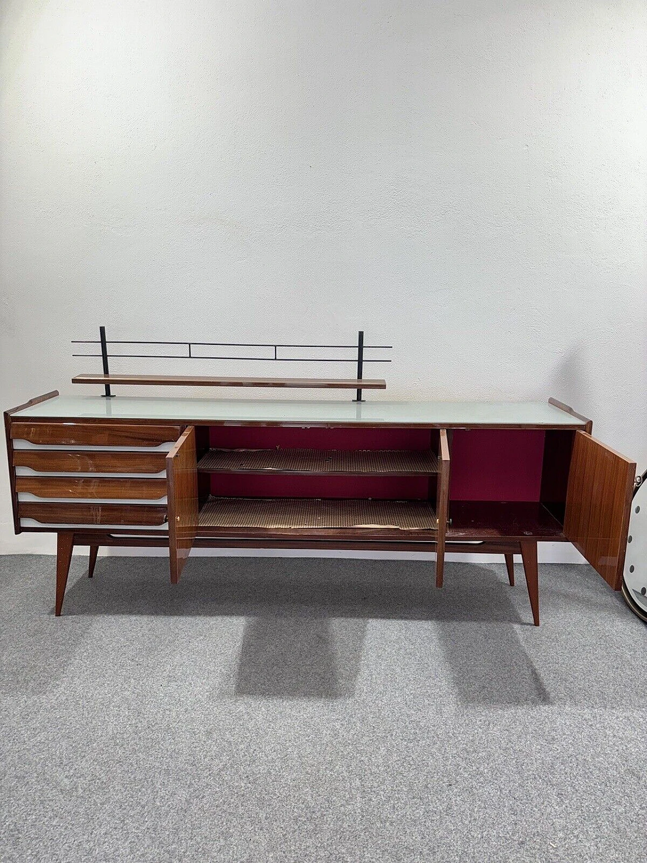 Wood sideboard with glass top and iron shelf, 1950s 6