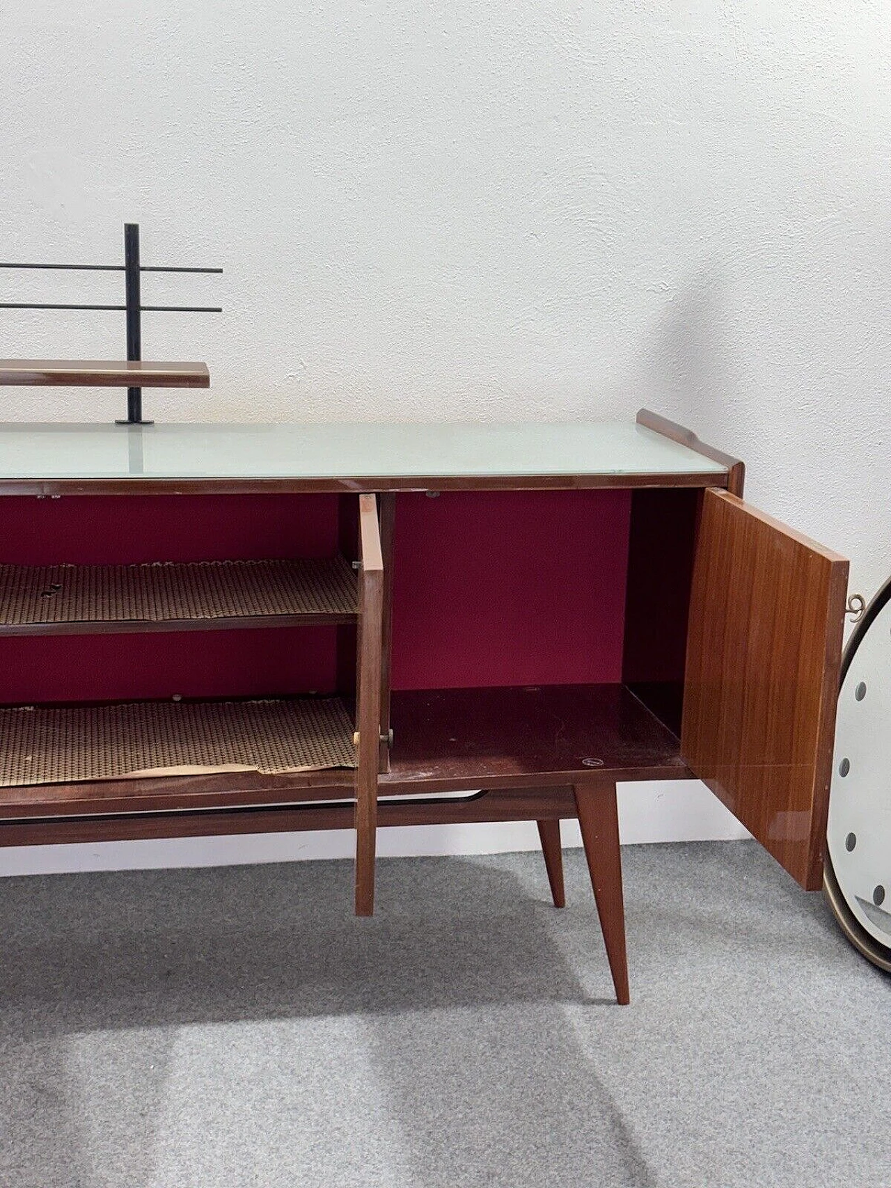 Wood sideboard with glass top and iron shelf, 1950s 7