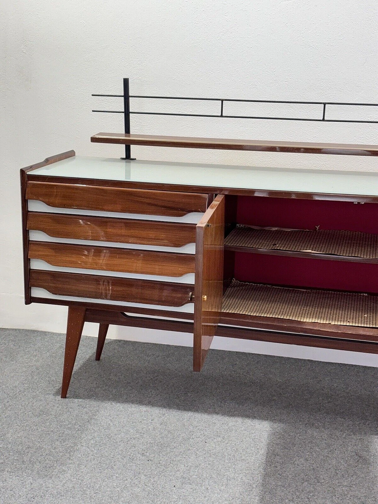 Wood sideboard with glass top and iron shelf, 1950s 8