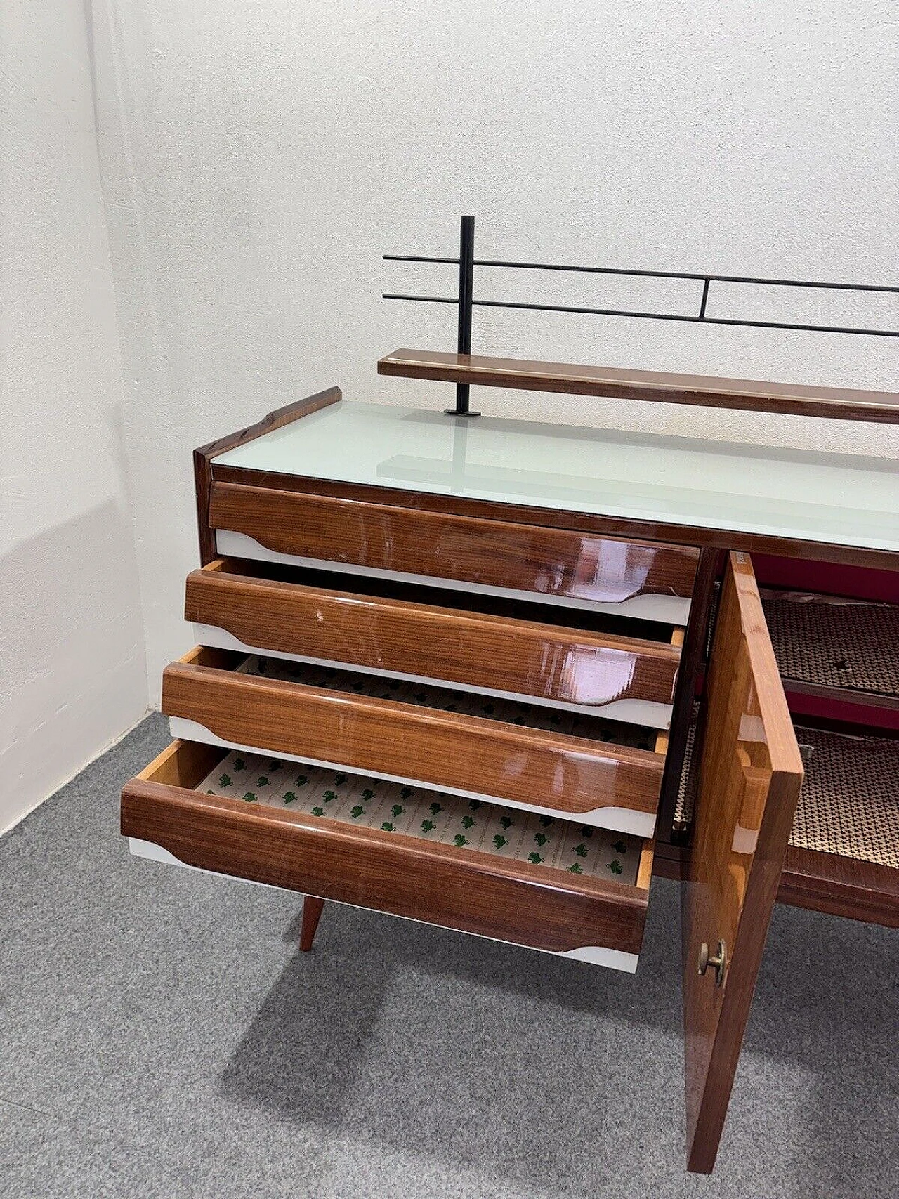 Wood sideboard with glass top and iron shelf, 1950s 9