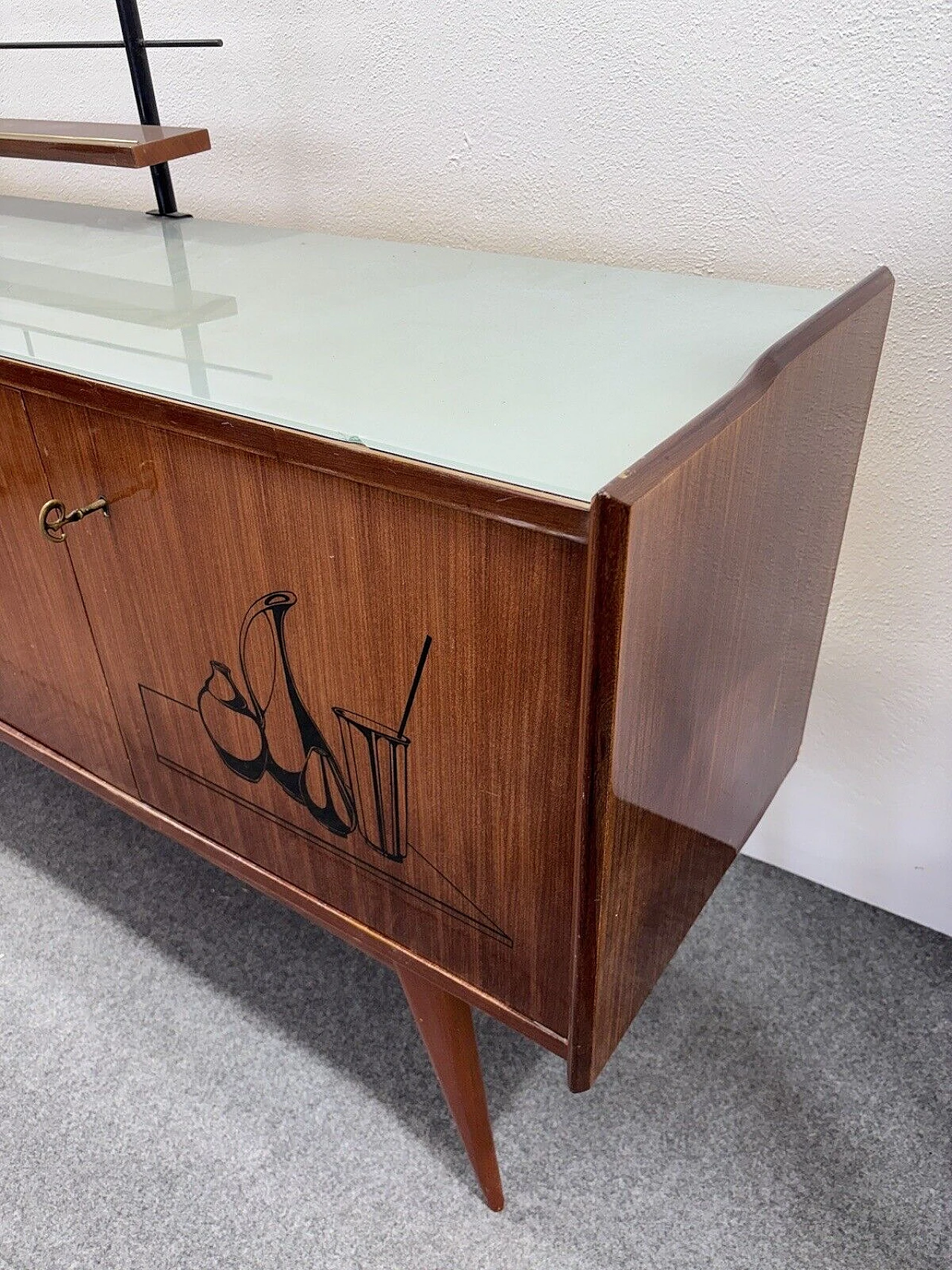 Wood sideboard with glass top and iron shelf, 1950s 10