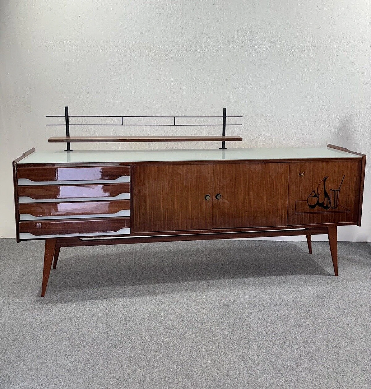 Wood sideboard with glass top and iron shelf, 1950s 11