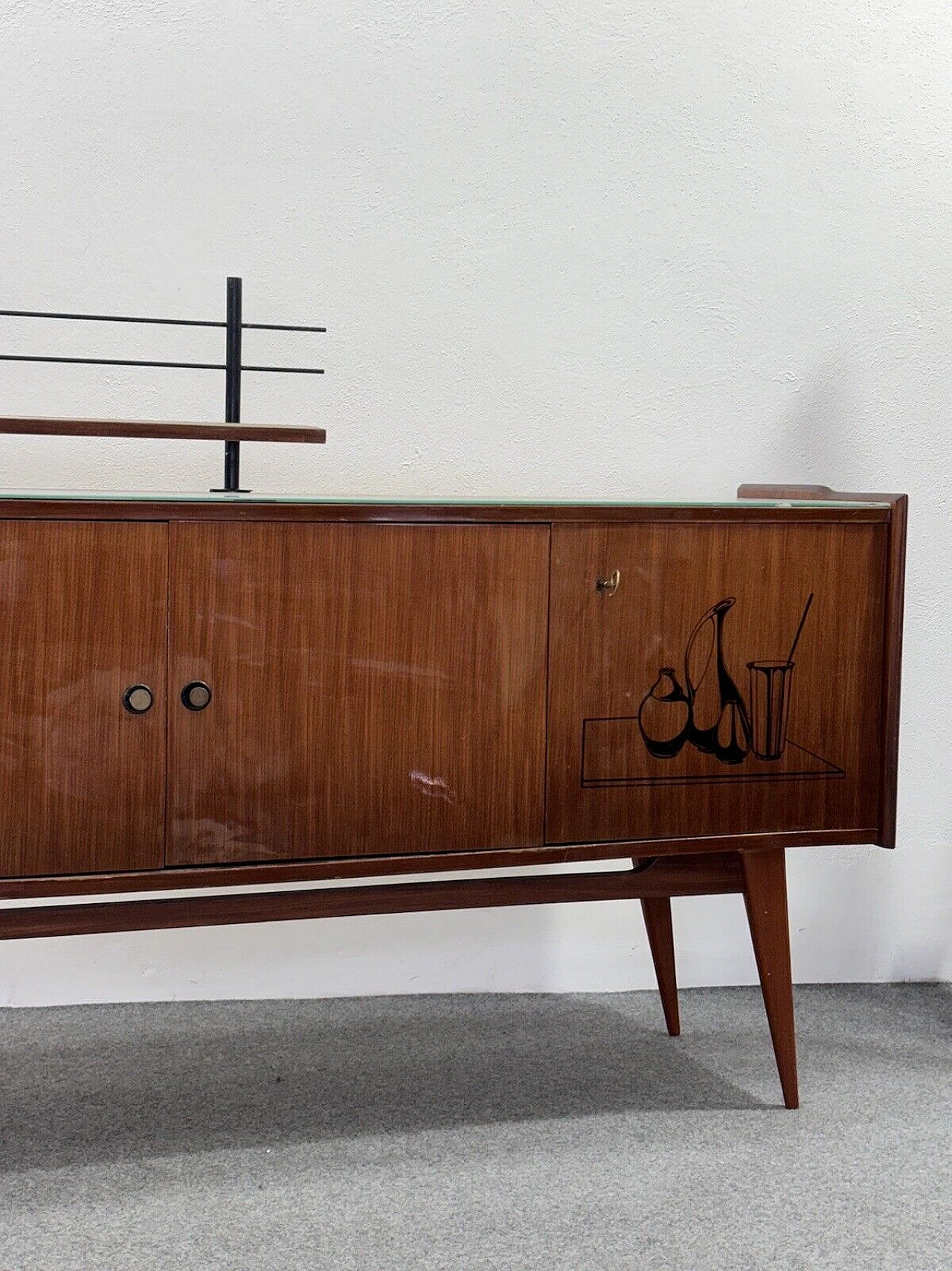 Wood sideboard with glass top and iron shelf, 1950s 12