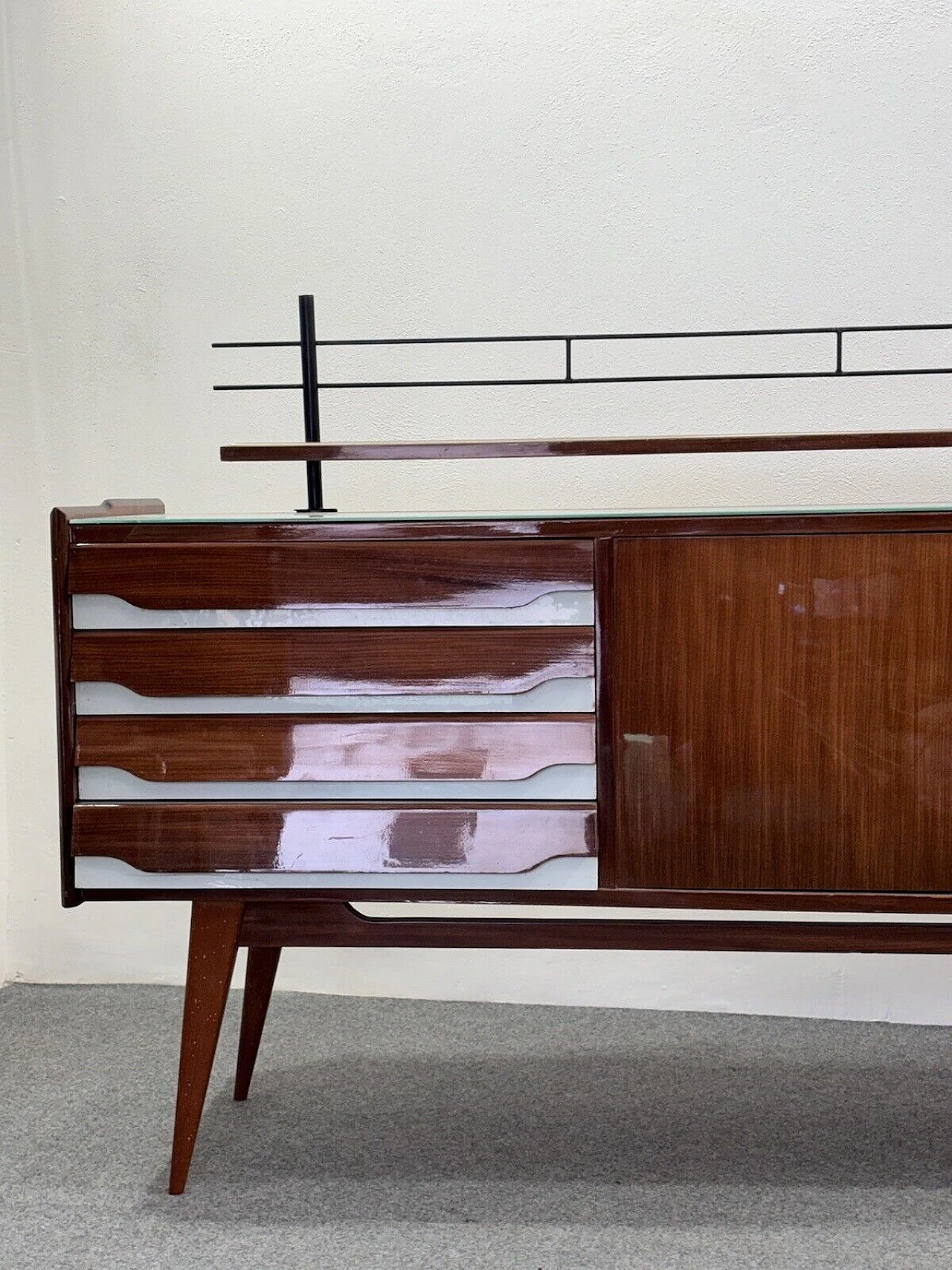 Wood sideboard with glass top and iron shelf, 1950s 13