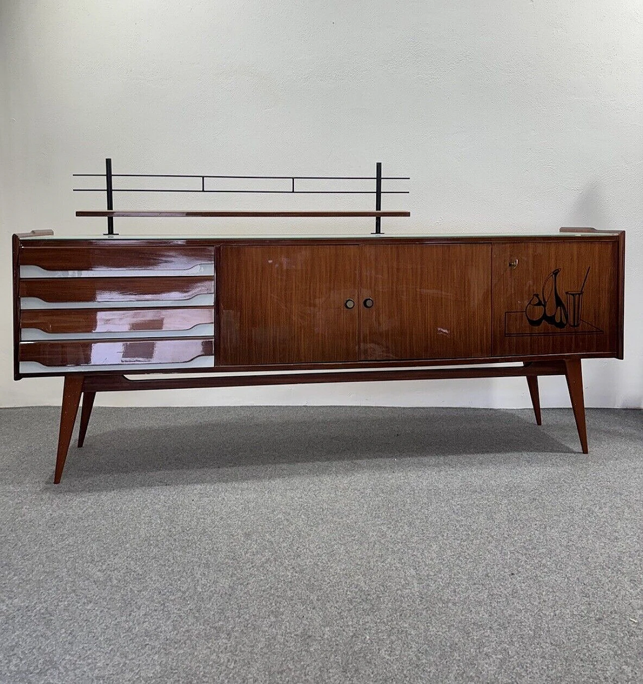 Wood sideboard with glass top and iron shelf, 1950s 15