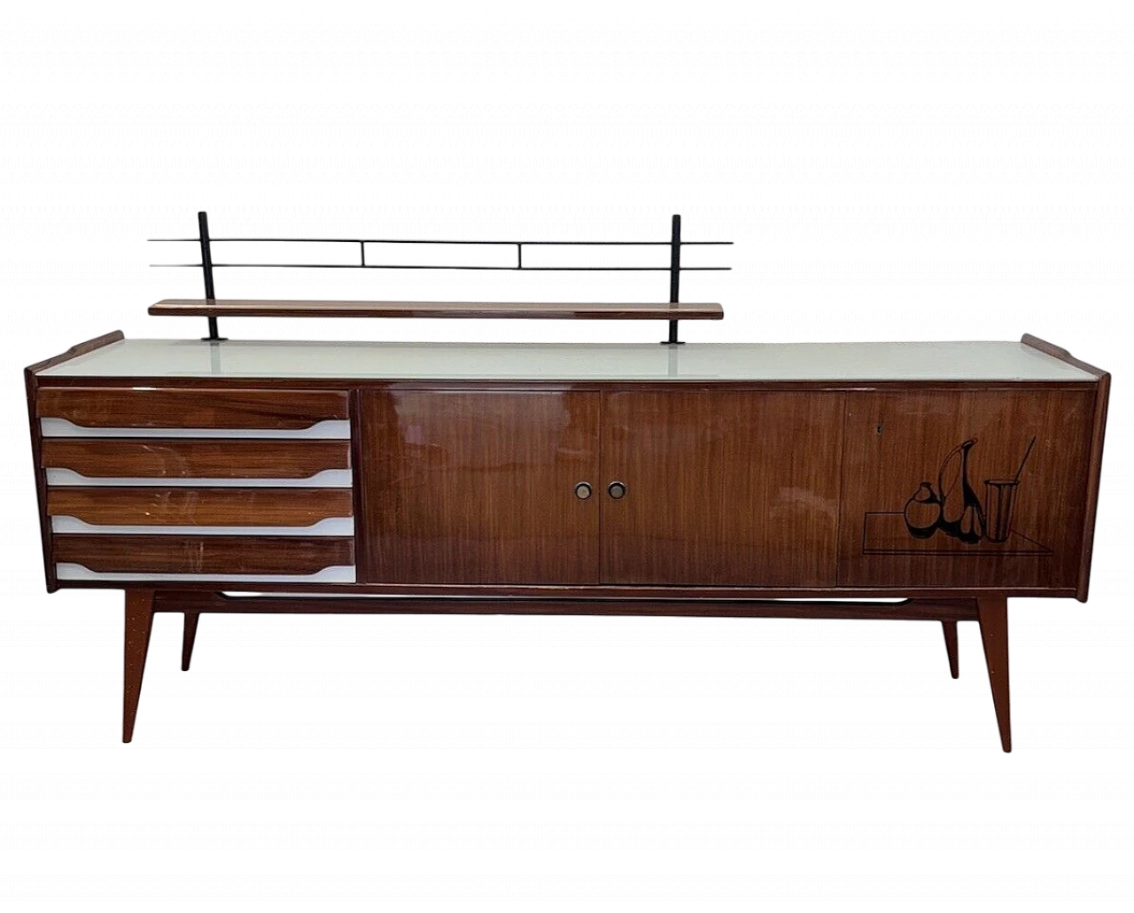 Wood sideboard with glass top and iron shelf, 1950s 16