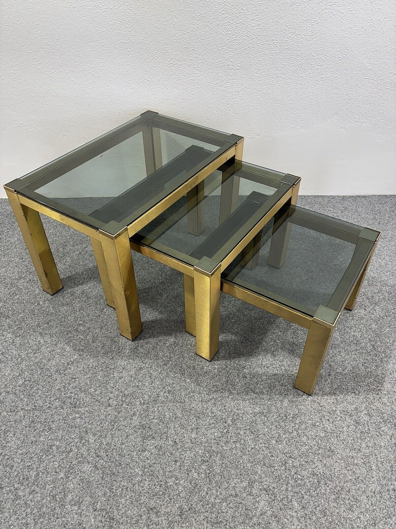 3 Nesting tables in brass and smoked crystal, 1970s 1