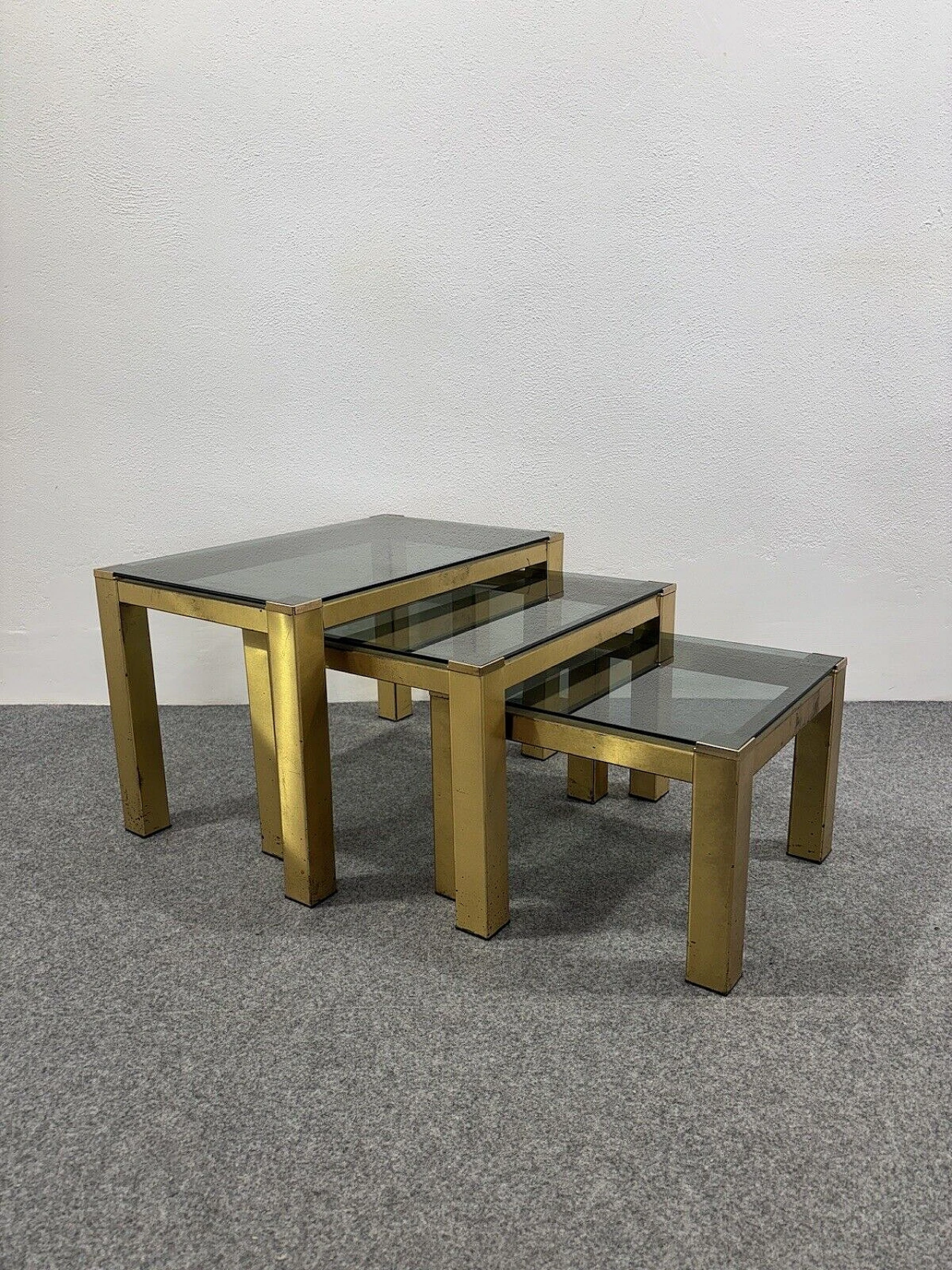 3 Nesting tables in brass and smoked crystal, 1970s 2