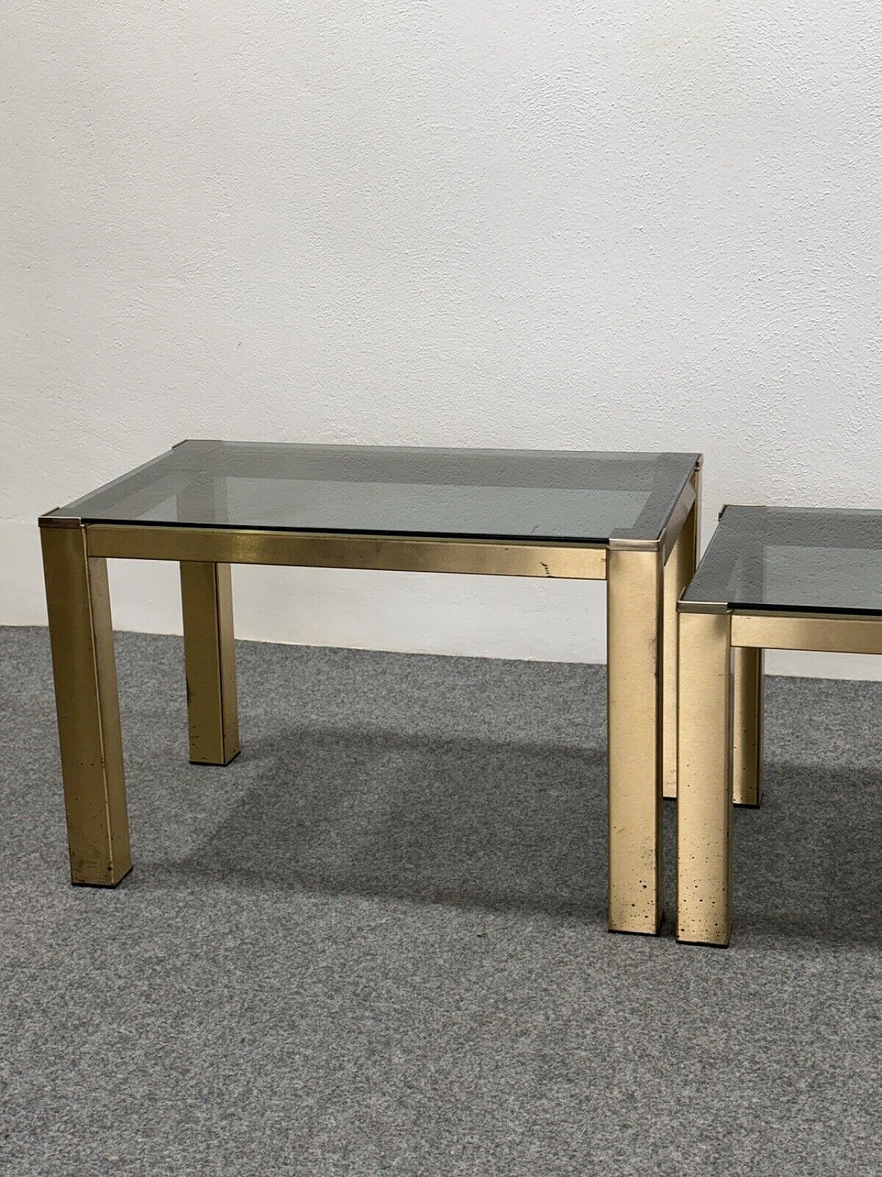 3 Nesting tables in brass and smoked crystal, 1970s 5