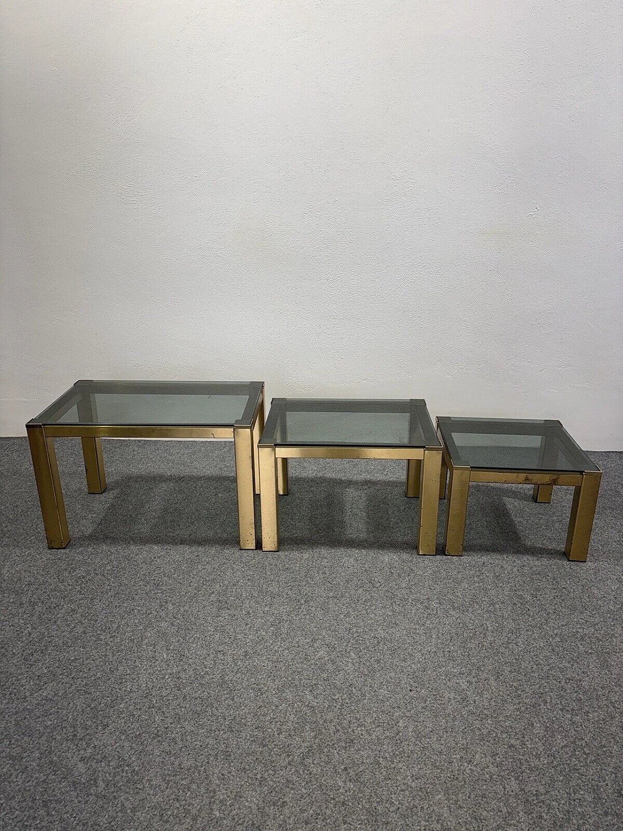 3 Nesting tables in brass and smoked crystal, 1970s 6