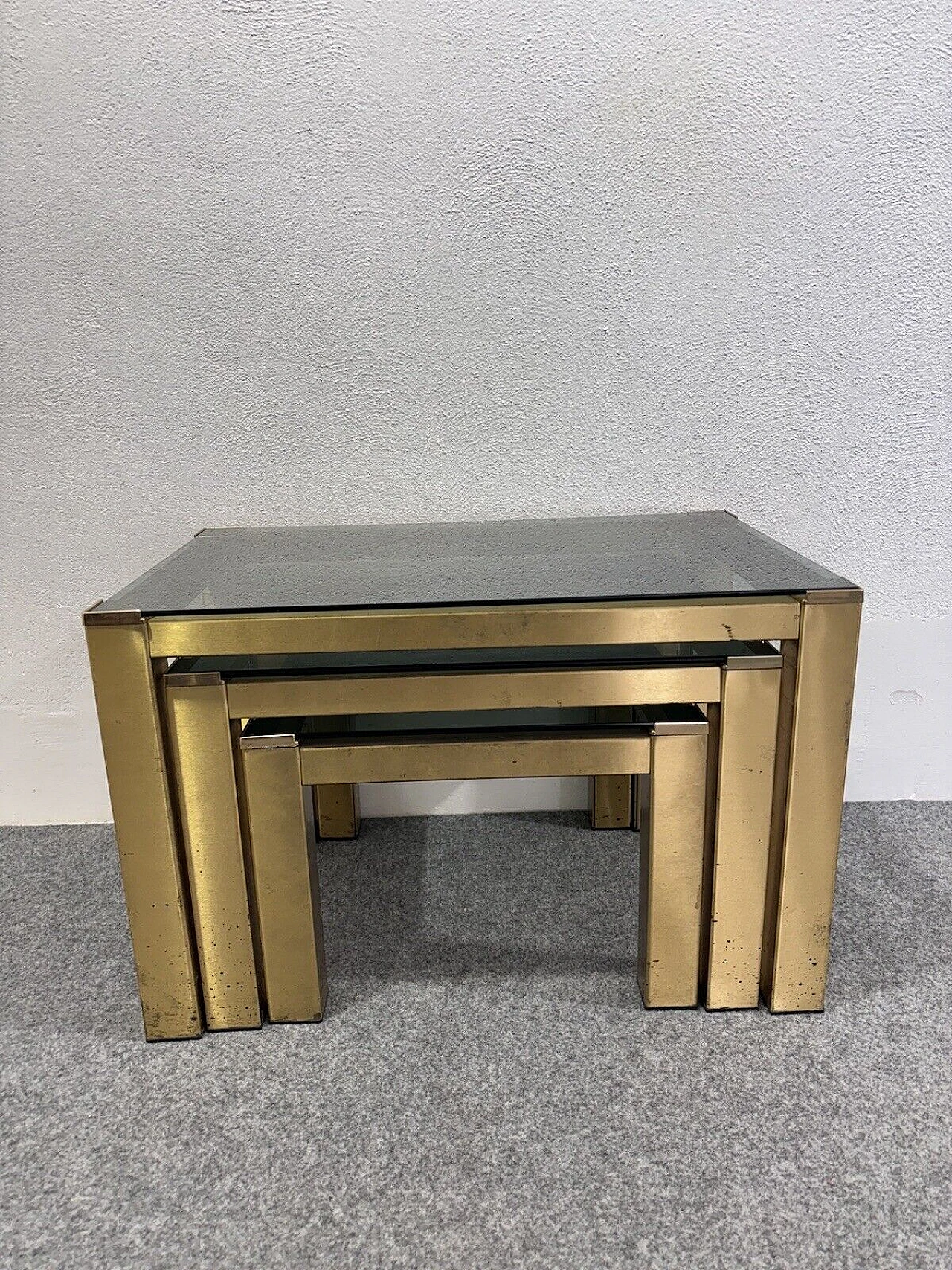 3 Nesting tables in brass and smoked crystal, 1970s 7