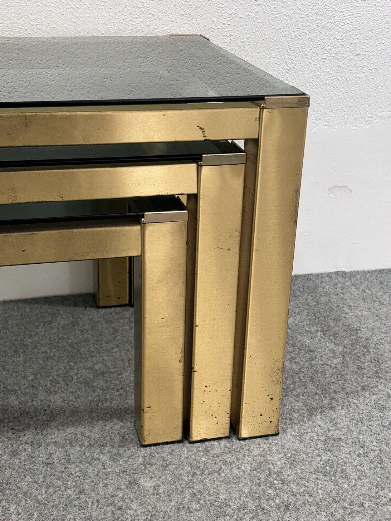 3 Nesting tables in brass and smoked crystal, 1970s 8