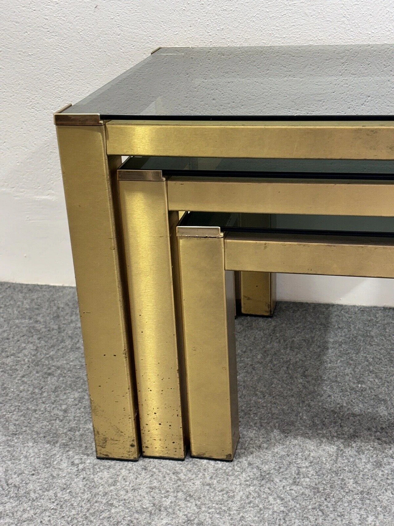 3 Nesting tables in brass and smoked crystal, 1970s 9