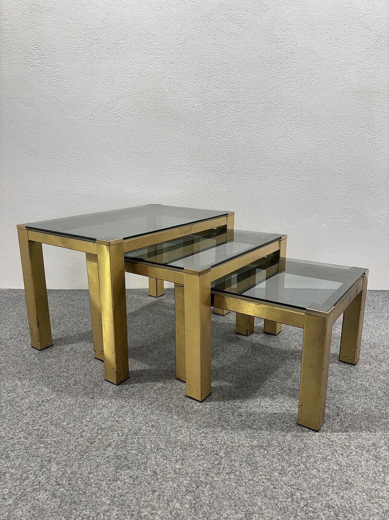 3 Nesting tables in brass and smoked crystal, 1970s 10