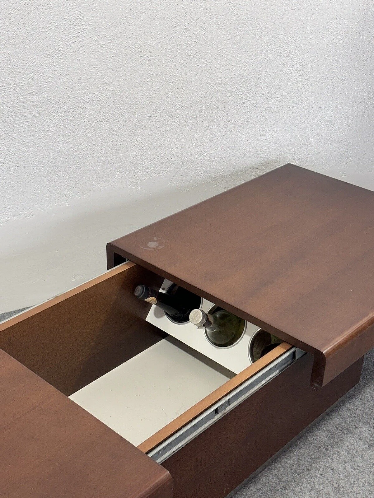 Space Age wood and metal coffee table with bar compartment, 1960s 4