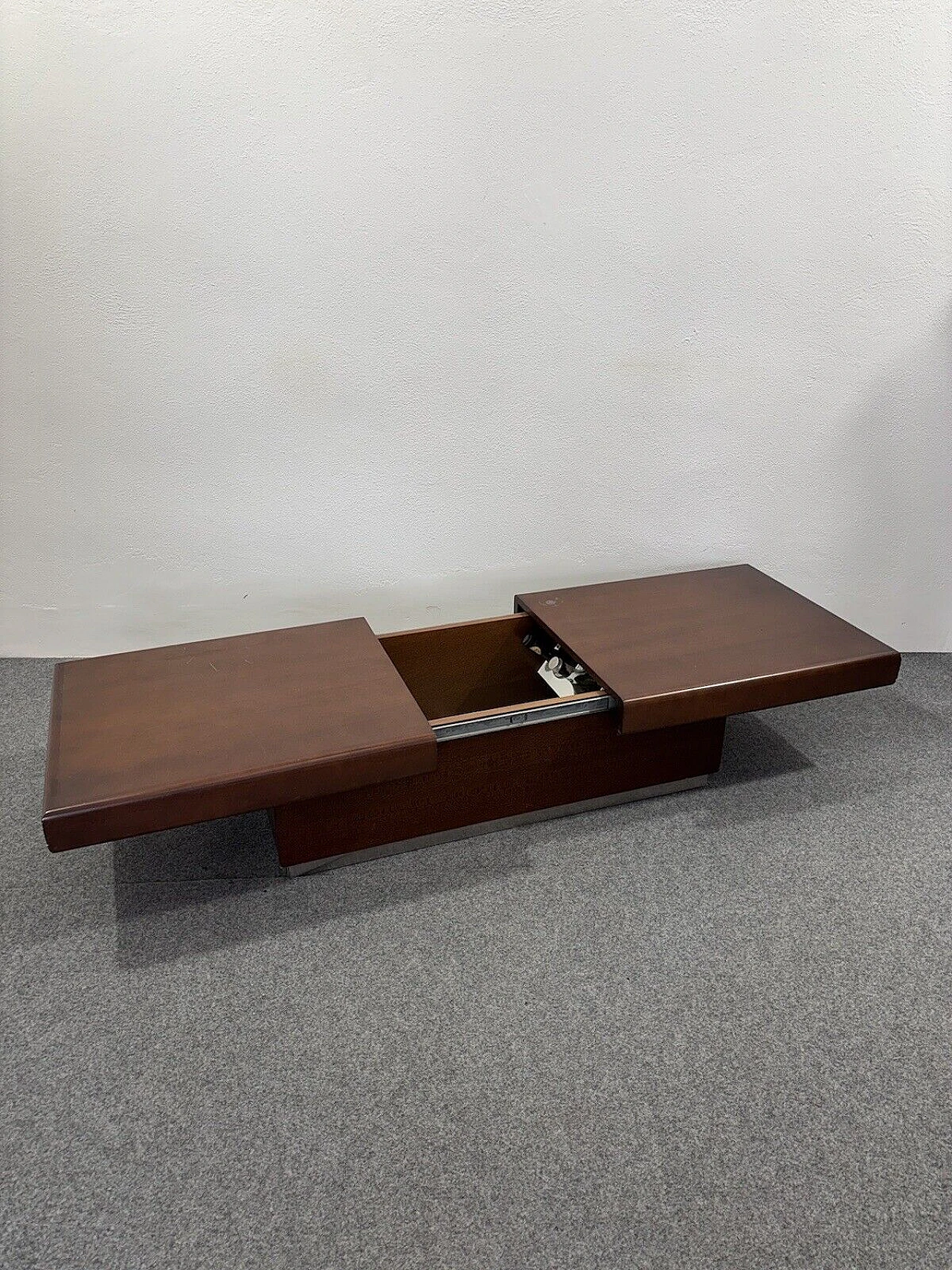 Space Age wood and metal coffee table with bar compartment, 1960s 5