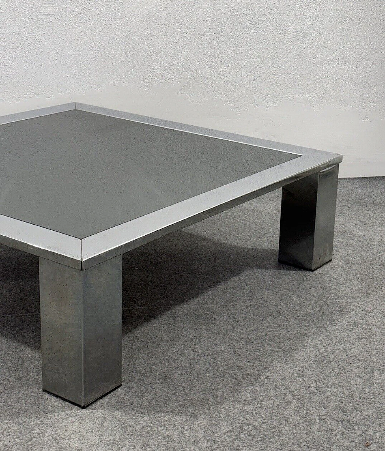 Square steel and smoked crystal coffee table by Saporiti, 1970s 1