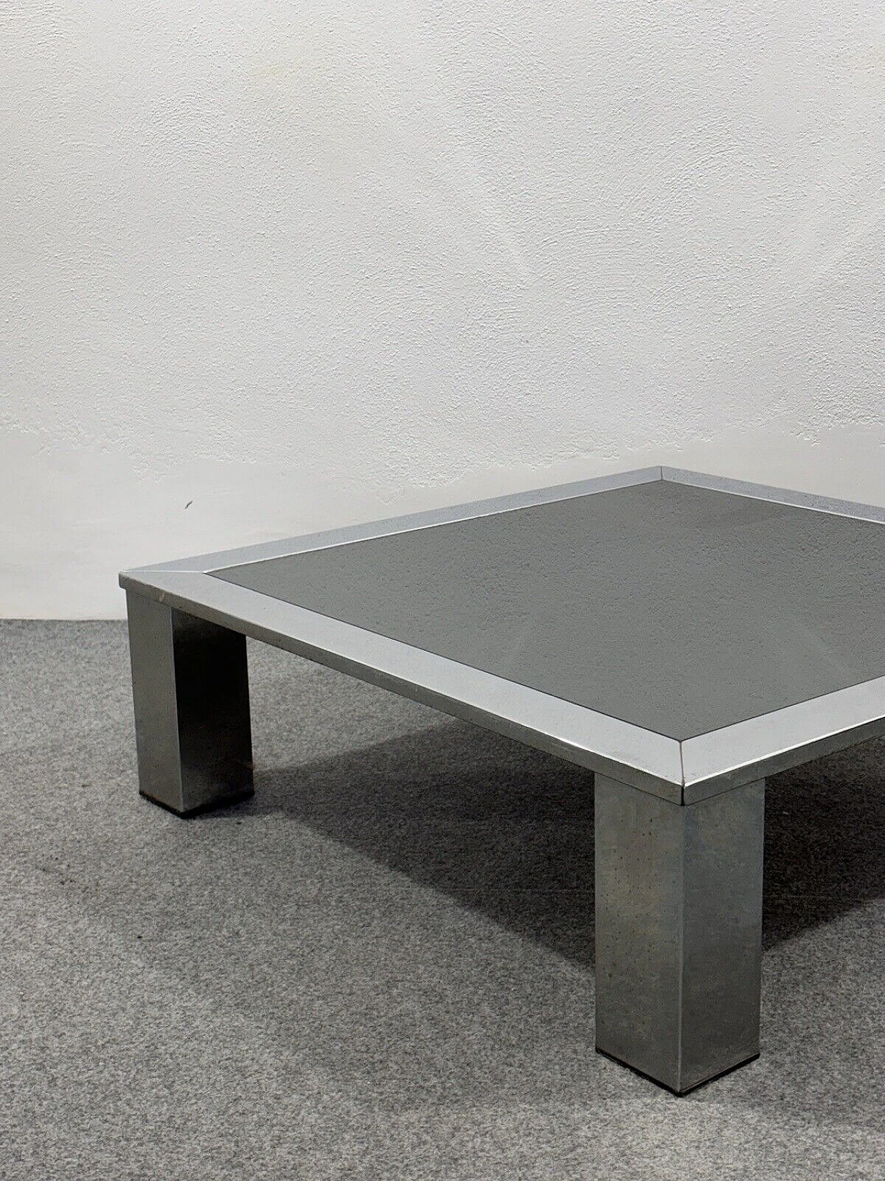 Square steel and smoked crystal coffee table by Saporiti, 1970s 2