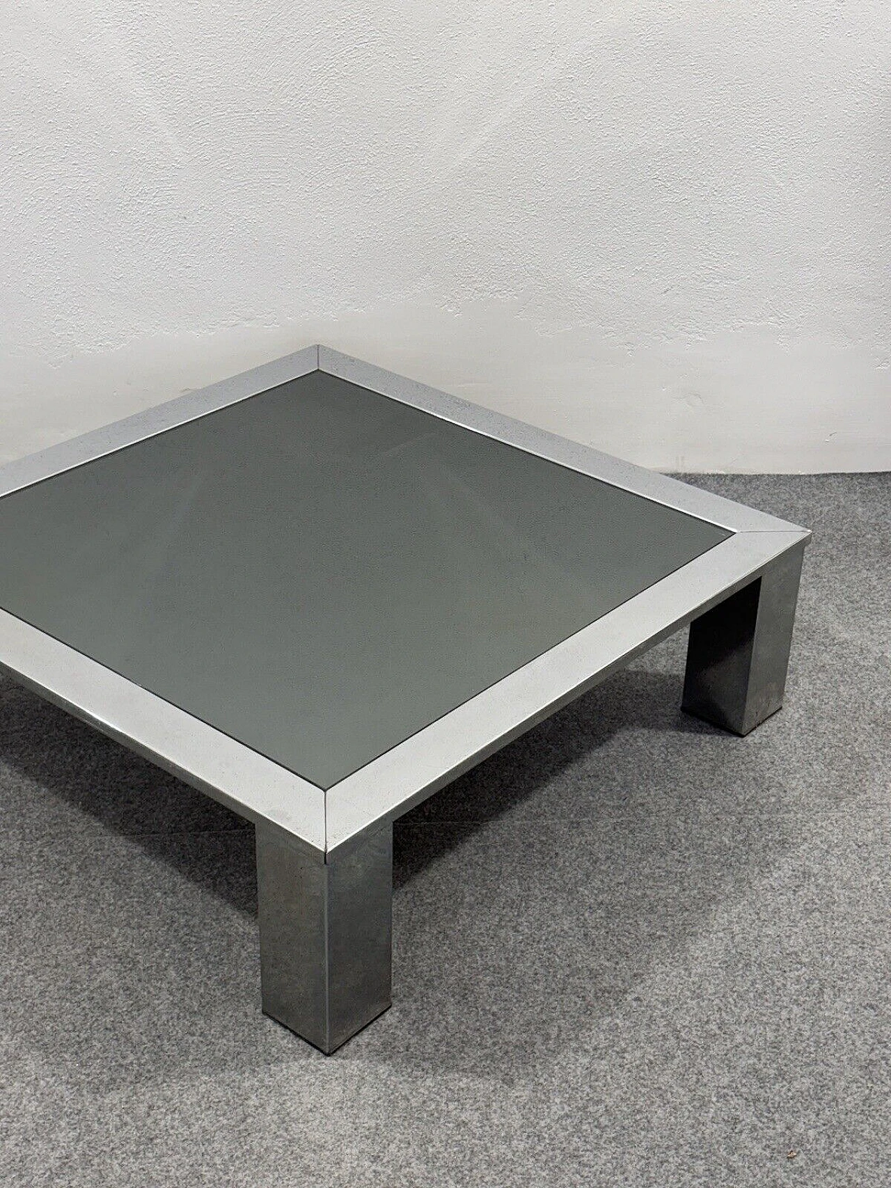 Square steel and smoked crystal coffee table by Saporiti, 1970s 3