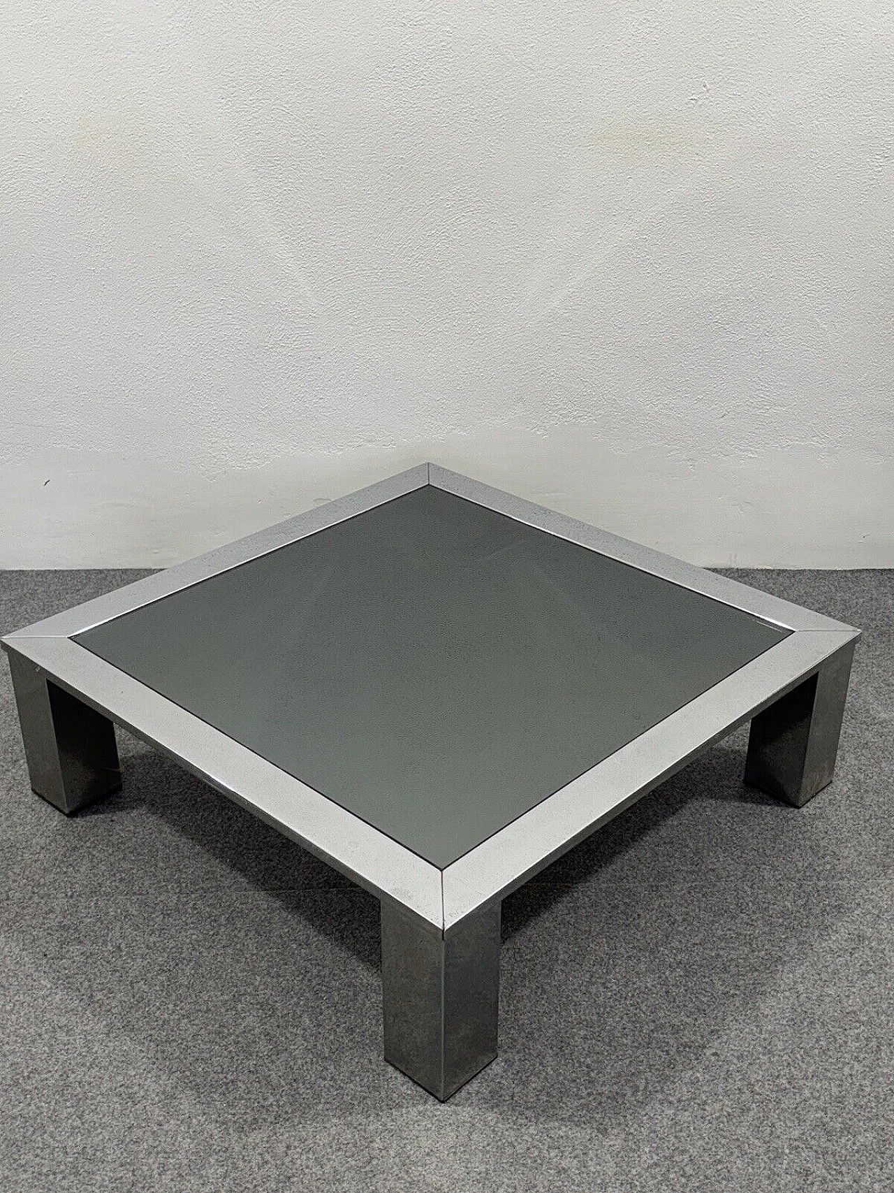 Square steel and smoked crystal coffee table by Saporiti, 1970s 4