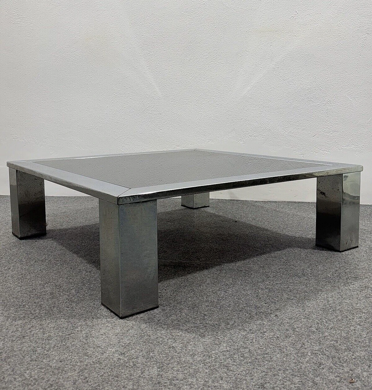 Square steel and smoked crystal coffee table by Saporiti, 1970s 5