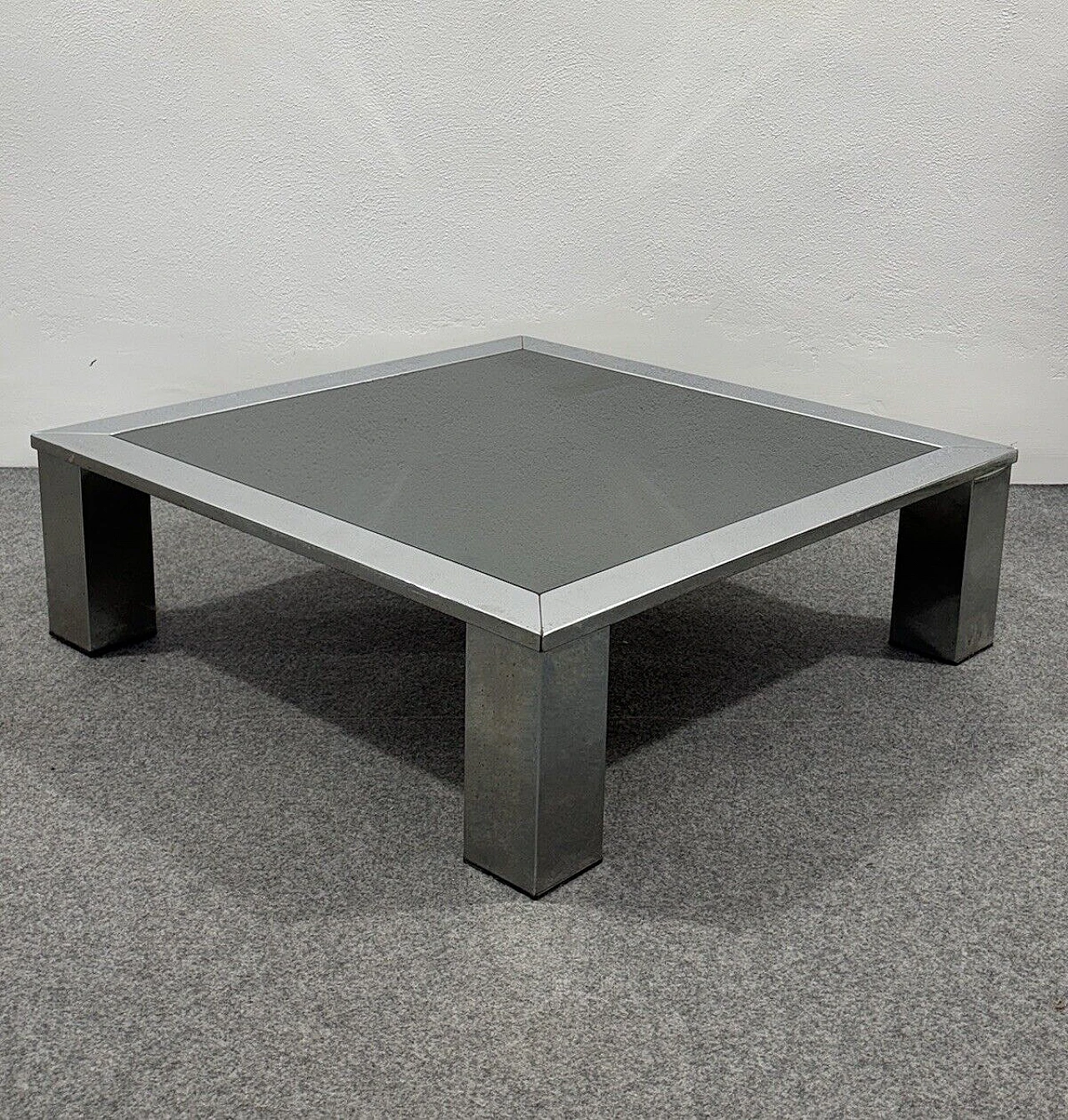 Square steel and smoked crystal coffee table by Saporiti, 1970s 9