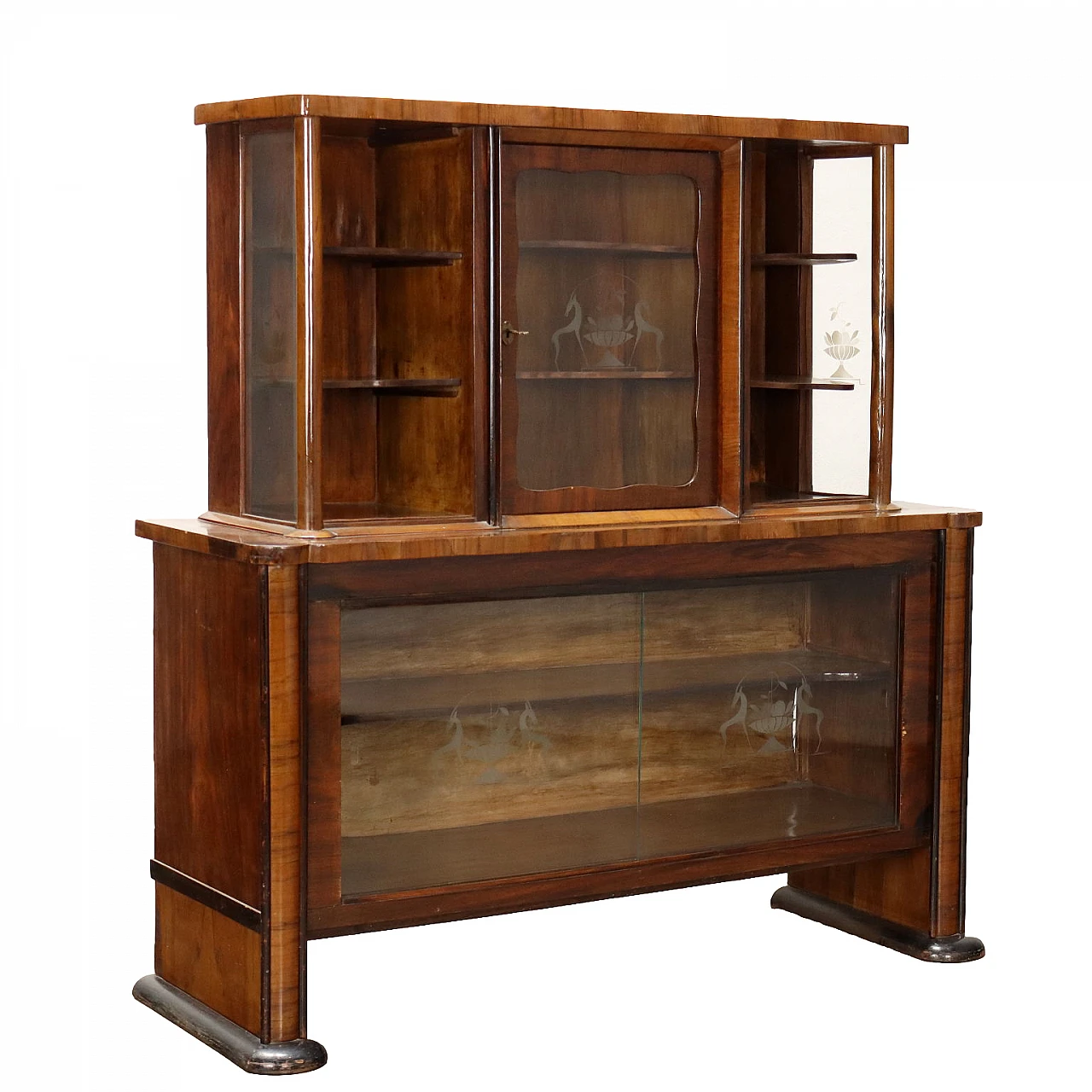 Walnut veneer display cabinet with sliding doors, 1920s 1