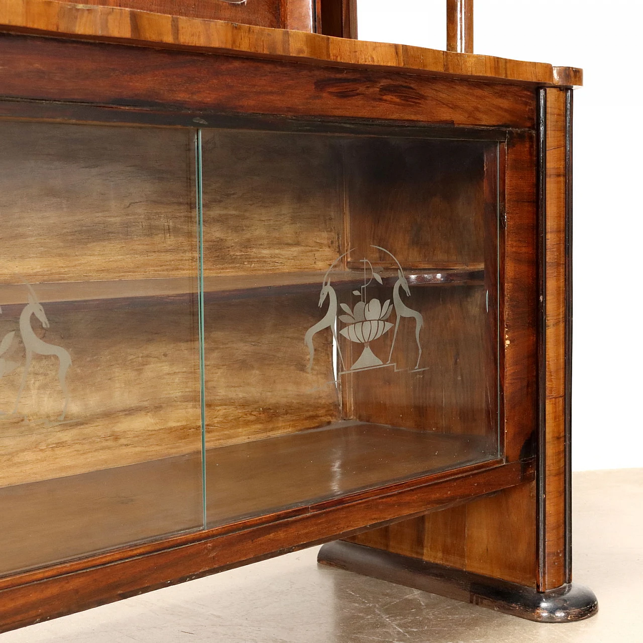 Walnut veneer display cabinet with sliding doors, 1920s 7