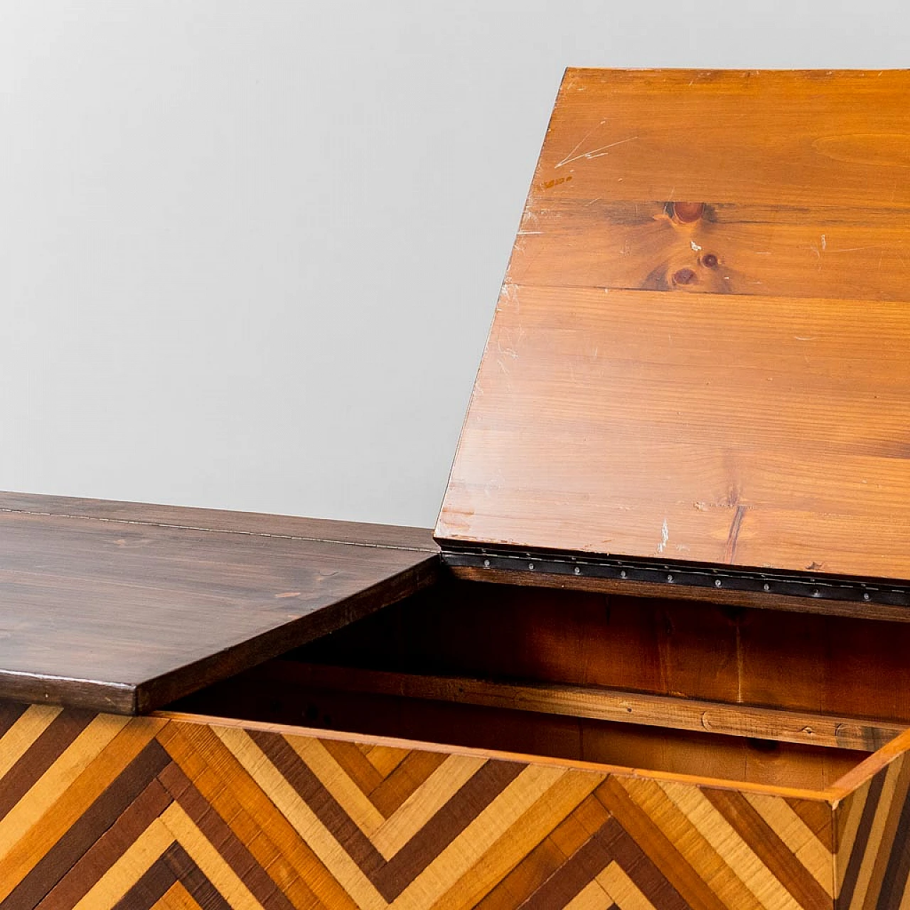 Wooden chest with geometric design, 1950s 4