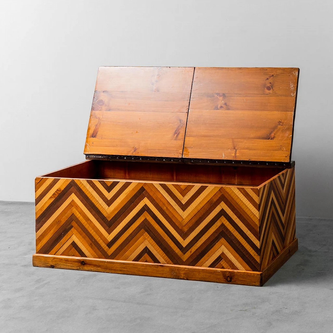 Wooden chest with geometric design, 1950s 8