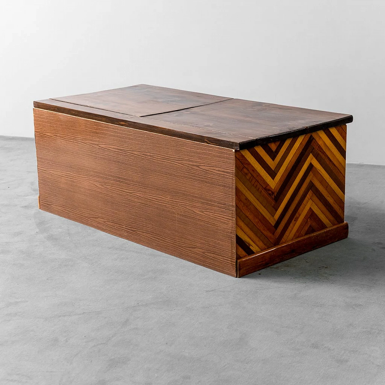 Wooden chest with geometric design, 1950s 9