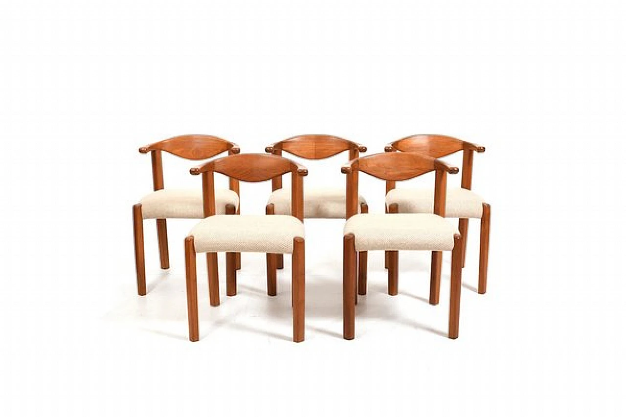 5 Cow Horn chairs in teak and fabric by Dyrlund, 1970s 1