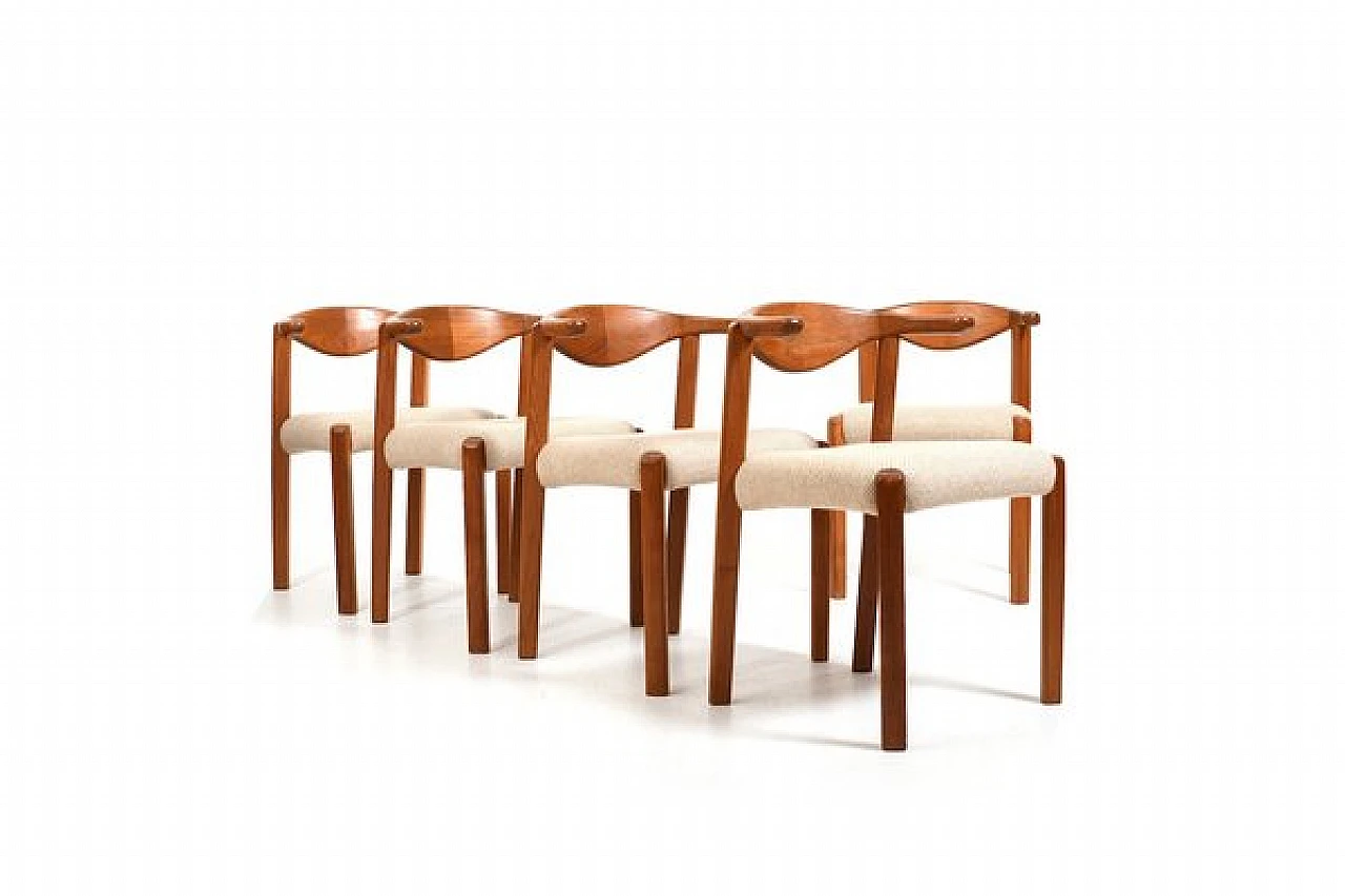 5 Cow Horn chairs in teak and fabric by Dyrlund, 1970s 2