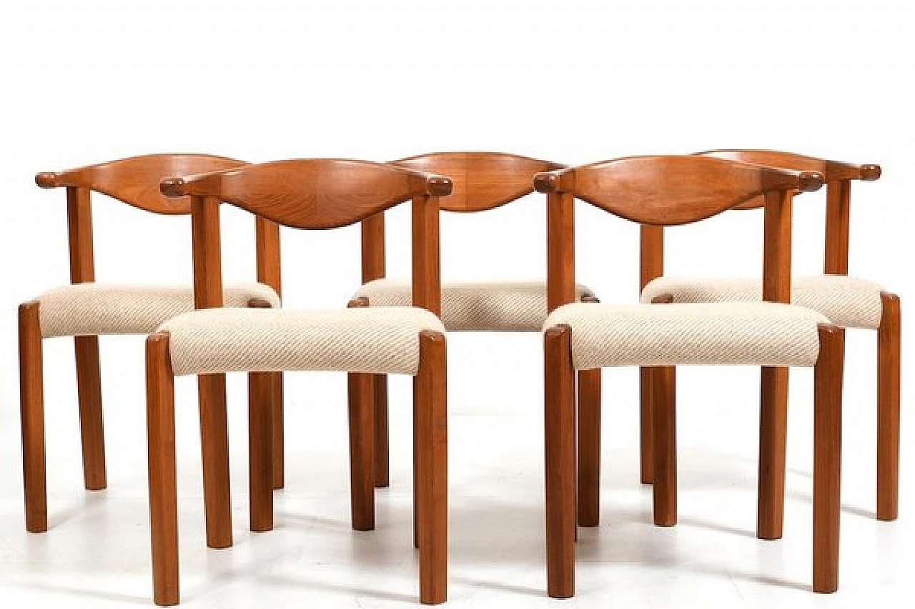 5 Cow Horn chairs in teak and fabric by Dyrlund, 1970s 3