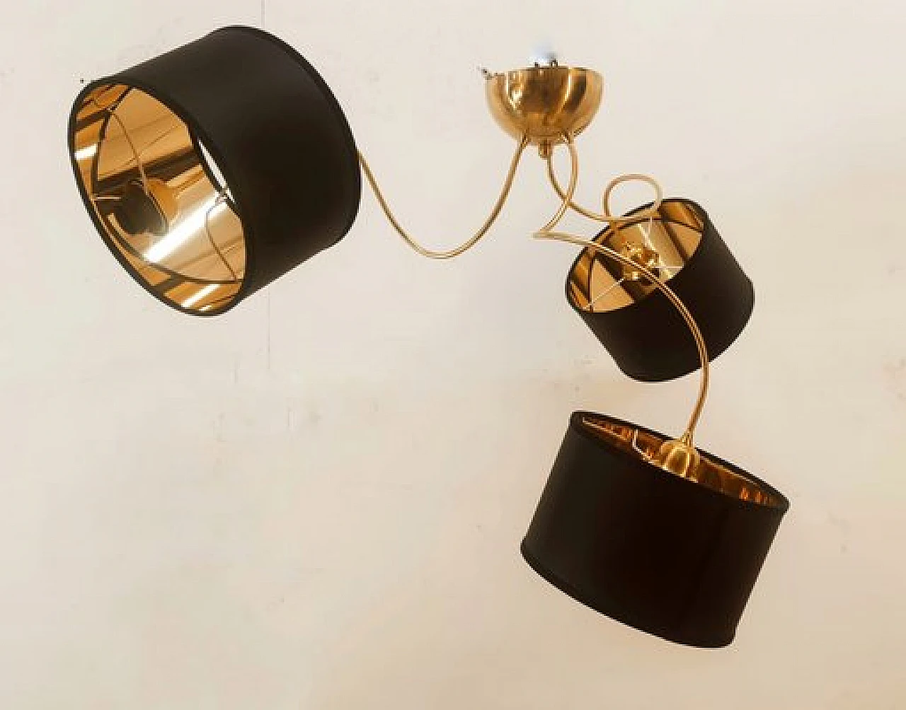 Brass and black fabric adjustable three-light chandelier, 1970s 1