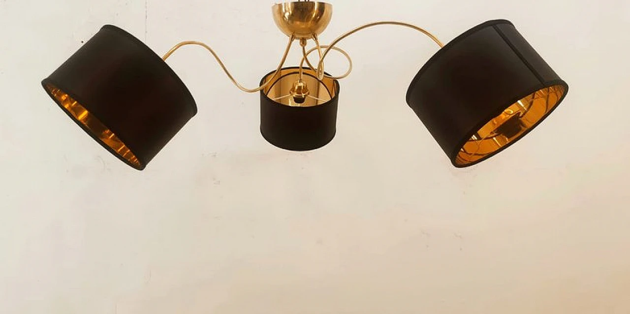 Brass and black fabric adjustable three-light chandelier, 1970s 2