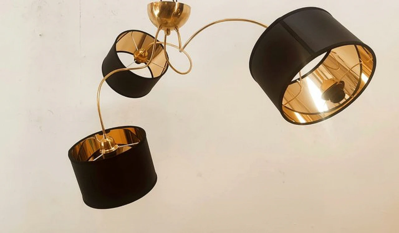 Brass and black fabric adjustable three-light chandelier, 1970s 3