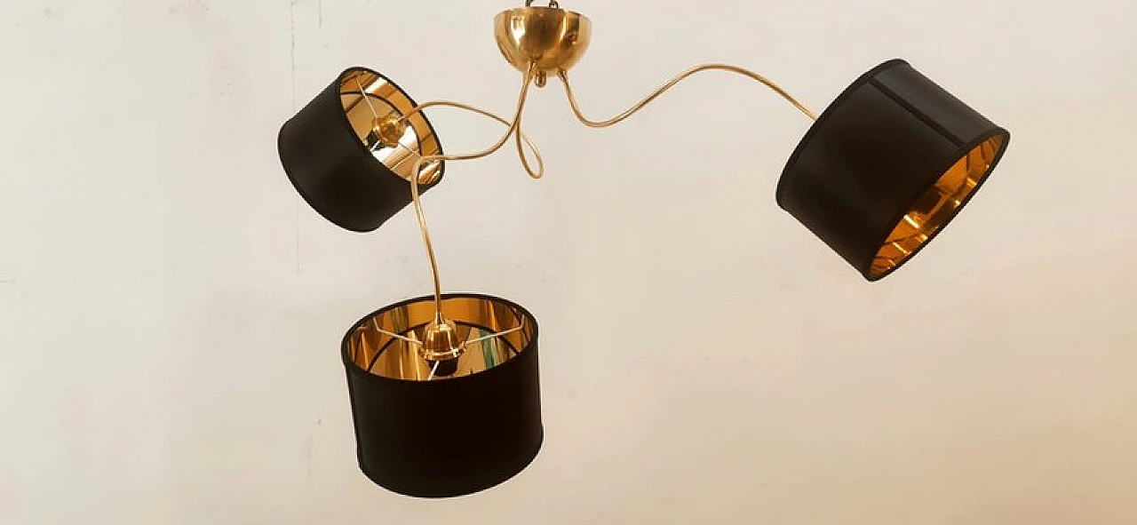 Brass and black fabric adjustable three-light chandelier, 1970s 4